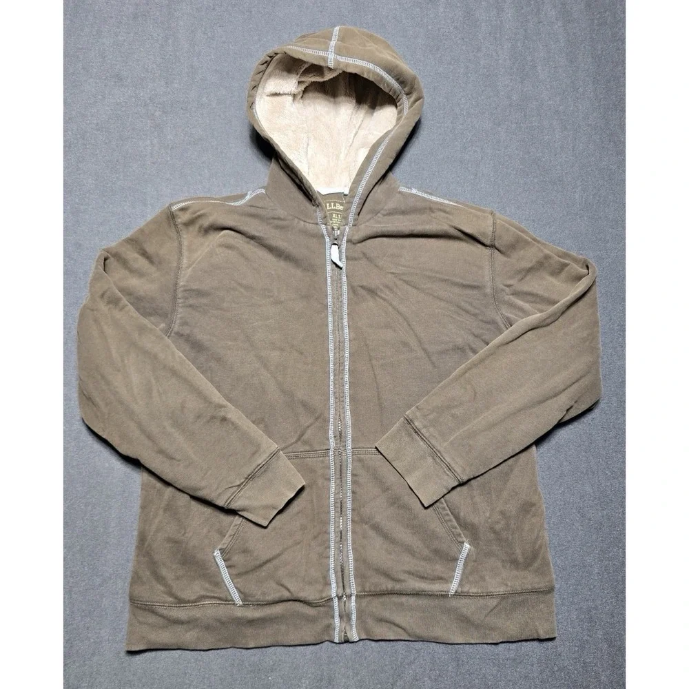 LL Bean Boys XL 18 Full Zip Sweater Jacket Hoodie‎ Sherpa Lined Brown Kids